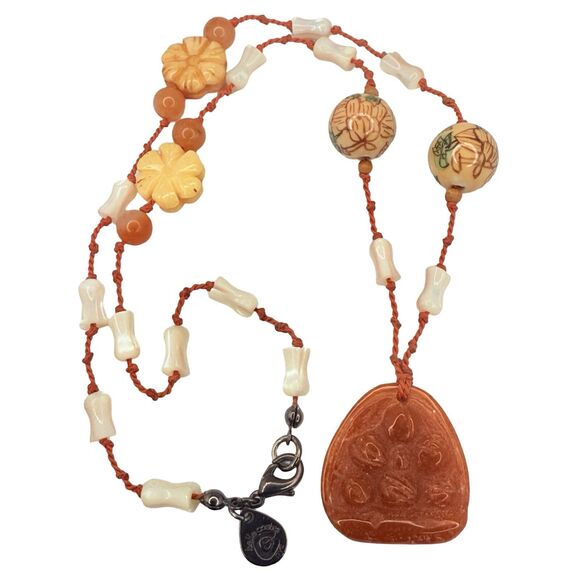 VTG Belle Costes Carved Carnelian Pendant Necklace 20" Bohemian Boho Chic - Picture 1 of 13